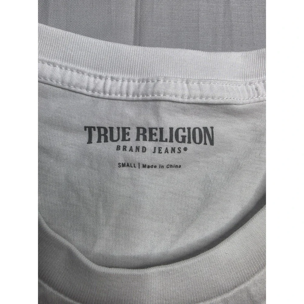 True Religion T-Shirt Men Small White Logo 100% Cotton Crew Neck Long Sleeve NWT